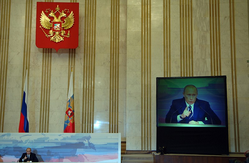 File photo by James Hill of The New York Times / President Vladimir Putin of Russia speaks during his annual press conference at the Kremlin in Moscow in 2007.