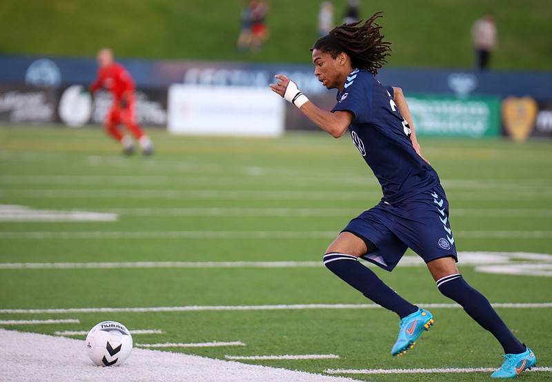 Staff photo by Olivia Ross / Chattanooga FC's Taylor Gray sprints toward the goal during a U.S. Open Cup match against Memphis 901 FC on Thursday night at Finley Stadium. Gray scored the final goal of CFC's 3-1 victory.