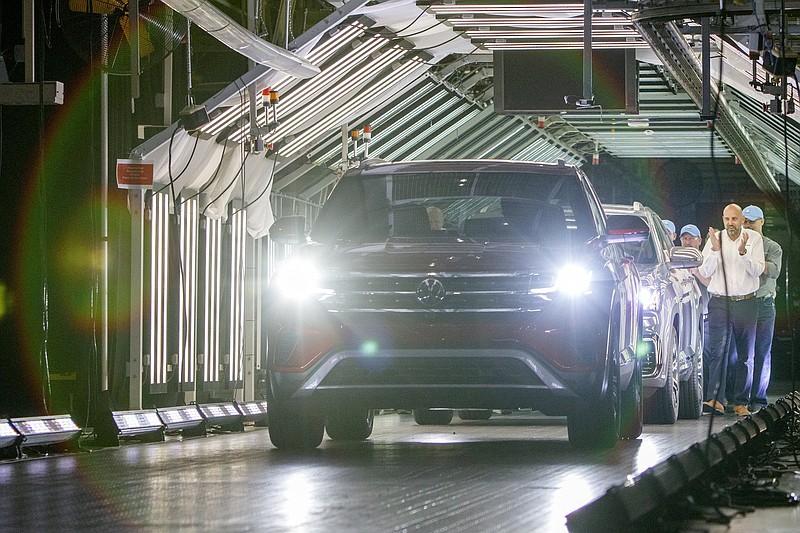Staff Photo / Two 2020 Atlas Cross Sports are driven out at the Volkswagen assembly plant on Friday, Oct. 11, 2019, in Chattanooga, Tenn.
