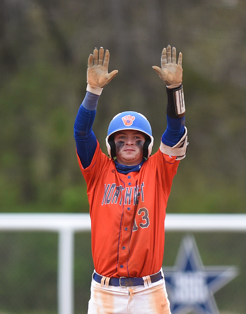Staff photo by Matt Hamilton / Northwest Whitfield's Will Roper celebrates at second base after hitting a double during Friday's GHSA Region 7-AAAA doubleheader at Heritage in Ringgold, Ga.