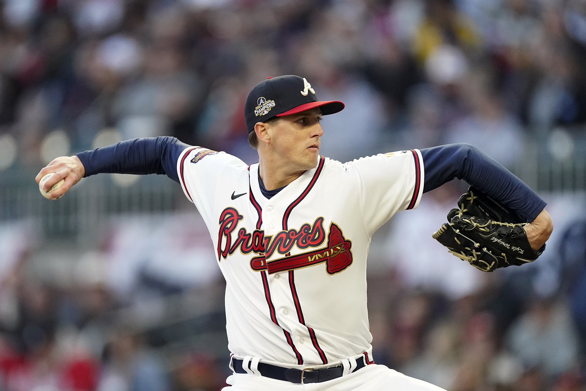 April 09, 2022: The Atlanta Braves logo outlined in gold on the jersey in  dedication to the 2021 World Series Championship during a MLB game against  the Cincinnati Reds at Truist Park