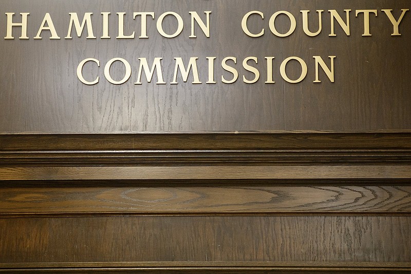 Staff file photo / Labeling shows the entry to the Hamilton County Commission assembly room at the county courthouse in Chattanooga.