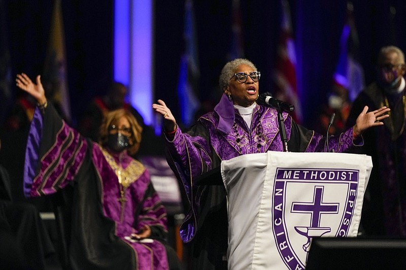 Bishop Anne Byfield, front right, President of the Council of Bishops, speaks during the opening worship service at the African Methodist Episcopal Church conference, July 6, 2021, in Orlando, Fla. (AP Photo/John Raoux, file)


