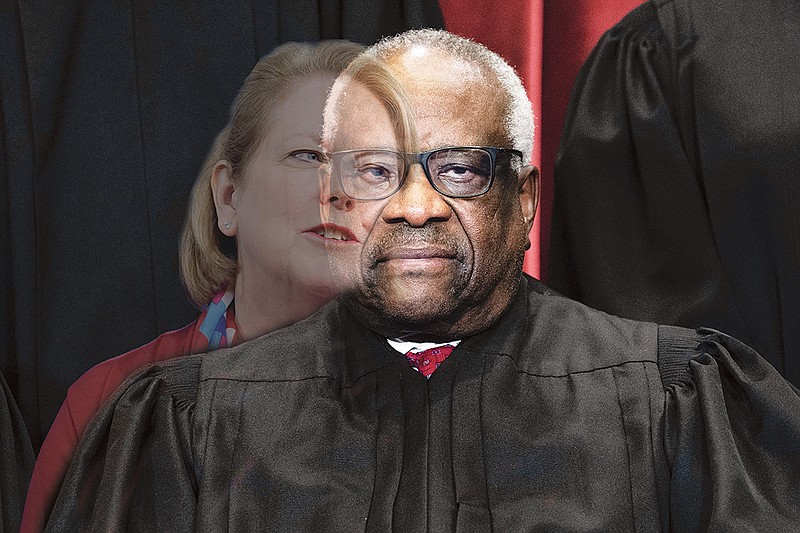 Photo illustration of Justice Clarence Thomas and his wife, Ginni, made from images by Erin Schaff/The New York Times via AP (Justice Thomas) and by Susan Walsh of the Associated Press (Ginni Thomas).
