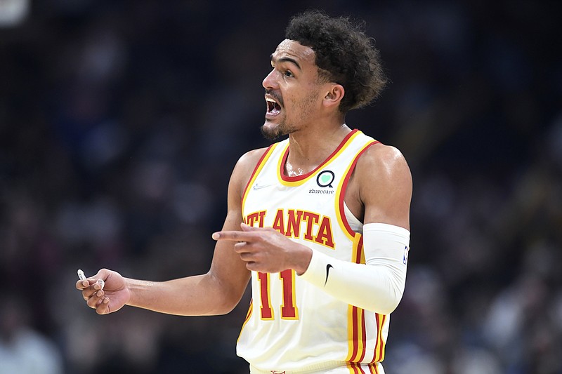 AP photo by Nick Cammett / Atlanta Hawks point guard Trae Young reacts to a foul call during the first half of an NBA play-in game Friday night against the host Cleveland Cavaliers.