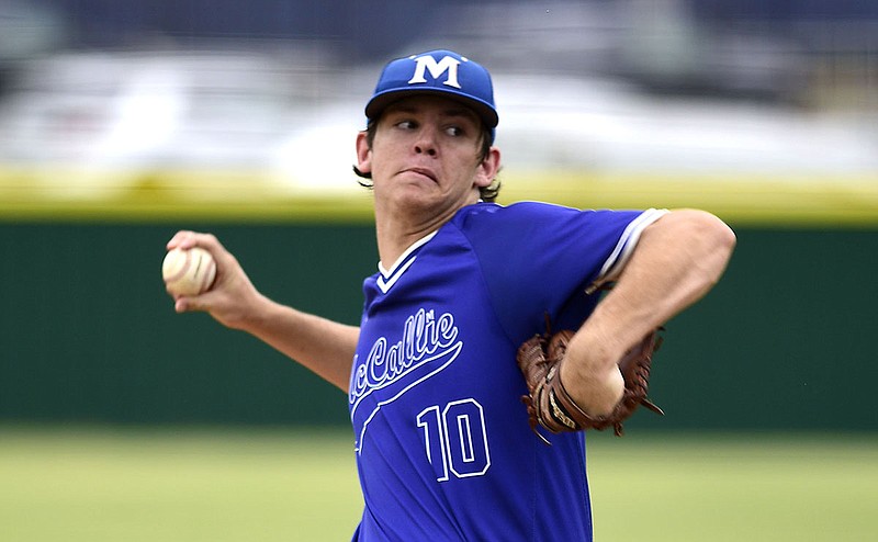 Staff file photo by Robin Rudd / McCallie's Grayson Smith overcame early trouble to pitch a complete game as the Blue Tornado won at Bearden on Saturday.