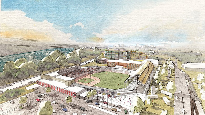 Contributed rendering by city of Chattanooga / A rendering of a potential multi-use stadium is shown at the site of the former U.S. Pipe/Wheland Foundry in Chattanooga's South Broad District, incorporating some of the existing buildings.