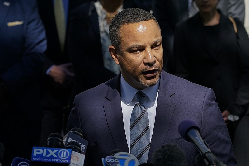 U.S. Attorney Breon Peace speaks to members of the media outside federal court, Wednesday, June 29, 2022, in the Brooklyn borough of New York. Federal law enforcement is investigating the New York Police Department's treatment of sex crime victims after concluding there is "significant justification" to do so and after receiving reports of deficiencies for more than a decade, prosecutors said Thursday. (AP Photo/John Minchillo)