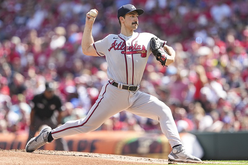 AP photo by Jeff Dean / Atlanta Braves starter Spencer Strider pitches during Saturday's game against the host Cincinnati Reds. Strider allowed one run, one hit and one walk while striking out 11 batters in a six-inning outing to help the Braves win 4-1.