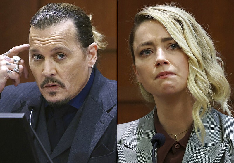 This combination of photos shows actor Johnny Depp testifying at the Fairfax County Circuit Court in Fairfax, Va., on April 21, 2022, left, and actor Amber Heard testifying in the same courtroom on May 26, 2022. The judge in the Johnny Depp-Amber Heard defamation trial made a jury's award official Friday with a written order for Heard to pay Depp $10.35 million for damaging his reputation by describing herself as a domestic abuse victim in an op-ed piece she wrote. (AP Photo)