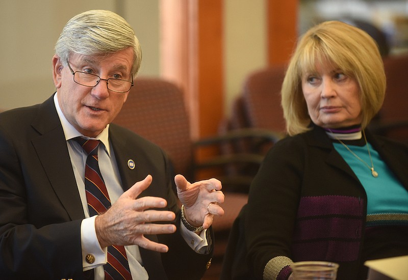 Staff file photo / Tennessee state Sen. Todd Gardenhire, R-Chattanooga, left, speaks as state Rep. Patsy Hazlewood, R-Signal Mountain, listens at the Chattanooga Times Free Press in 2016.