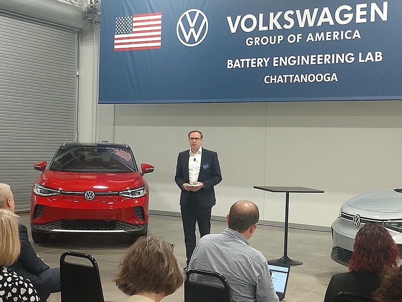 Staff Photo by Mike Pare / Wolfgang Maluche, vice president of engineering for Volkswagen of America, talks about Volkswagen Chattanooga's new battery engineering lab on Wednesday.