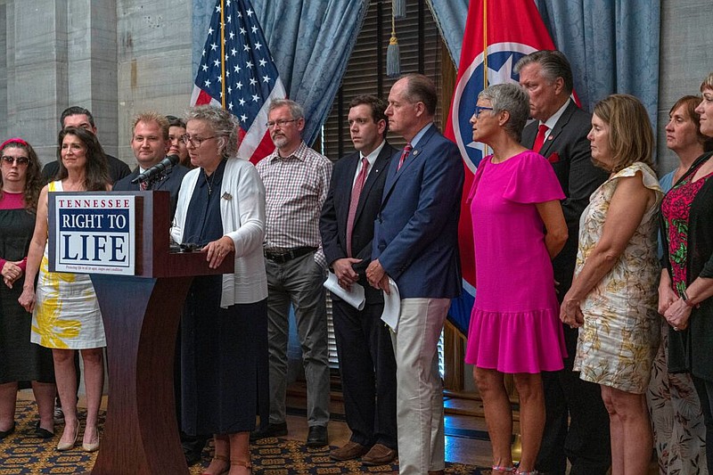 Tennessee Right to Life held a news conference Friday in the Tennessee Capitol. Lawmakers including Rep. Scott Cepicky, R-Culleoka (by Tennessee flag, partially obscured,) Sen. Jack Johnson, R-Franklin, in navy jacket and khaki pants, and at far left, House Majority Leader Williams Lamberth, R-Portland. (Photo: John Partipilo)