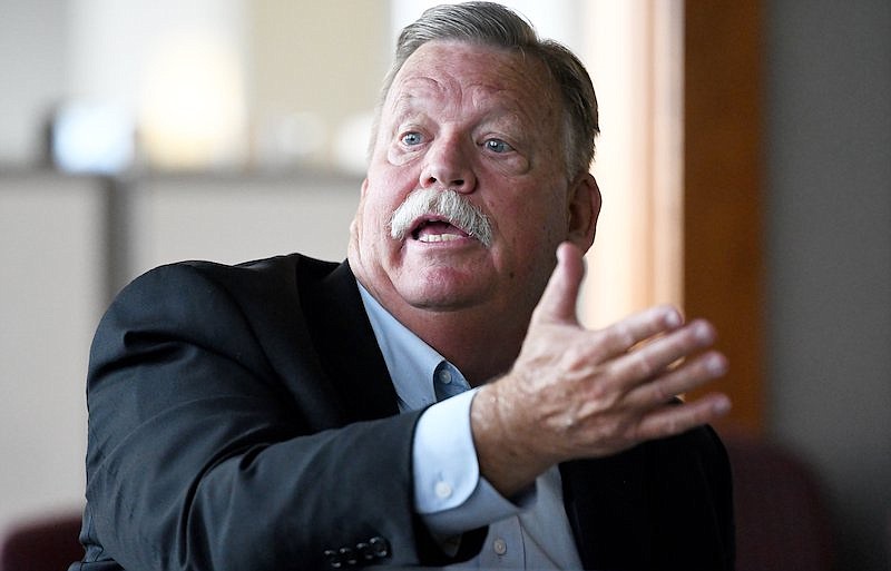 Staff Photo by Robin Rudd / County Mayor Jim Coppinger discusses the future of the South Broad Street area on June 23, 2022, at the Chattanooga Times Free Press.