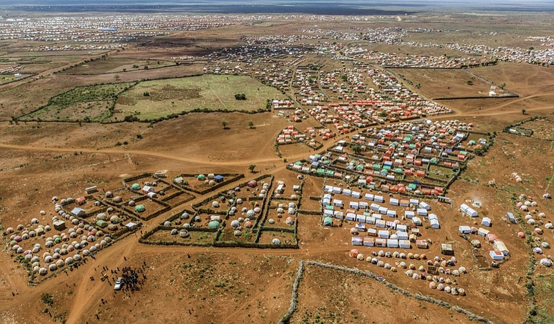 The Kaam Jiroon camp for the internally-displaced is seen from the air in Baidoa, Somalia, Wednesday, June 15, 2022. An unprecedented fourth failed rainy season with catastrophic hunger, disease and displacement has forced Somalia into a climate crisis, the Norwegian Refugee Council's Secretary General Jan Egeland warned Thursday, June 23, 2022. (Abdulkadir Mohamed/Norwegian Refugee Council via AP)