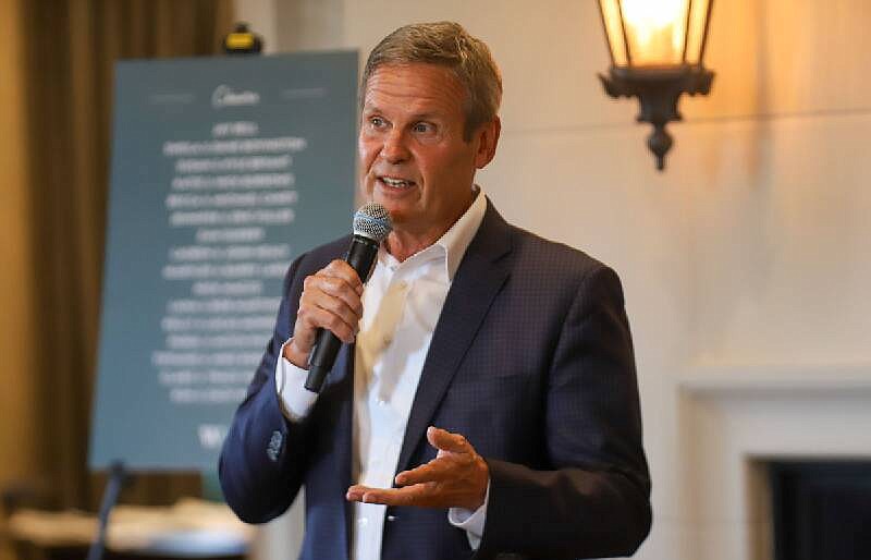 Staff Photo by Olivia Ross / Gov. Bill Lee speaks in support of Republican Hamilton County mayor nominee Weston Wamp on Tuesday in Chattanooga.