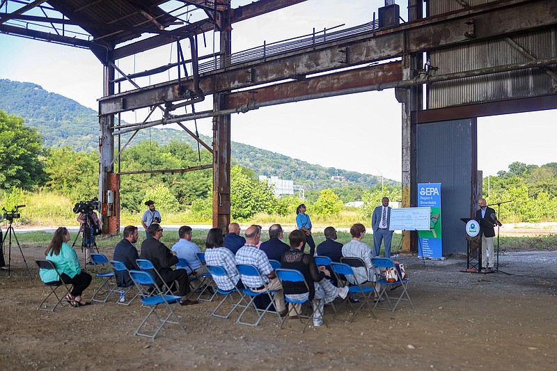 EPA and Chattanooga officials announced a grant that could go toward cleaning up the proposed Chattanooga Lookouts stadium site on July 6, 2022. / Staff photo by Olivia Ross 