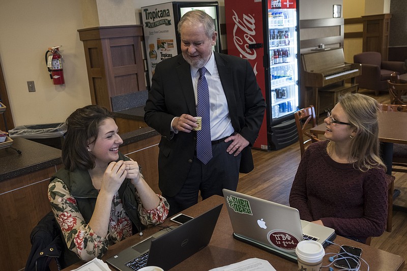 Larry Arnn, the president of Hillsdale College, speaks with students on campus in Hillsdale, Mich., Dec. 9, 2016. This private college of 1,400 students describes itself as "nonsectarian Christian" and dedicated to "civil and religious liberty" has come to play an active role in an ecosystem of conservative thought and policy. (Sean Proctor/The New York Times)