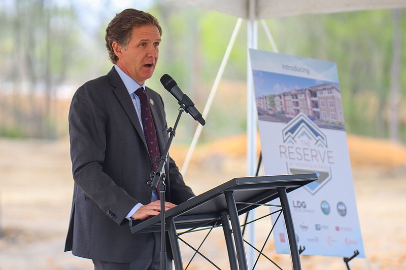 Staff photo by Olivia Ross / Mayor Tim Kelly speaks at the groundbreaking of The Reserve at Mountain Pass on April 12, 2022. This affordable housing complex will be located in the Alton Park area.