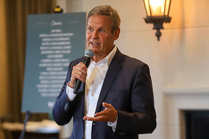 Staff photo by Olivia Ross / Governor Bill Lee, shown here in a local campaign fundraiser this week, has refused to repudiate the insults to teachers from a Hillsdale (Michigan) College President Larry Arnn, with whom Lee has partnered to established 50 new charter schools in Tennessee.