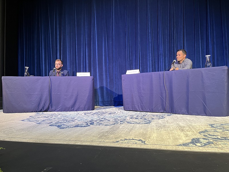 Staff photo by David Floyd / The candidates for Hamilton County mayor — Democrat Matt Adams, left, and Republican Weston Wamp — squared off in a forum Thursday evening at the Mountain Arts Community Center in Signal Mountain. They answered questions about education, development, their priorities if elected mayor and more.