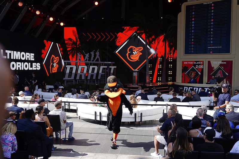 AP photo by Jae C. Hong / The Baltimore Orioles mascot greets fans during the 2022 MLB amateur draft on Sunday in Los Angeles. The Orioles used the No. 1 pick to select Jackson Holliday, an 18-year-old shortstop and the son of former major leaguer Matt Holliday.