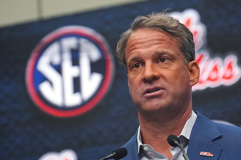 Mississippi head coach Lane Kiffin speaks during NCAA college football Southeastern Conference Media Days, Monday, July 18, 2022, in Atlanta. (AP Photo/John Bazemore)