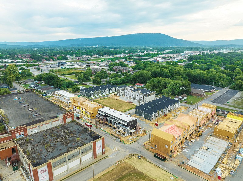 Photography by Jesse Hunter/Overnight Agency / Aerial view of Mill Town construction on Chattanooga's east side.