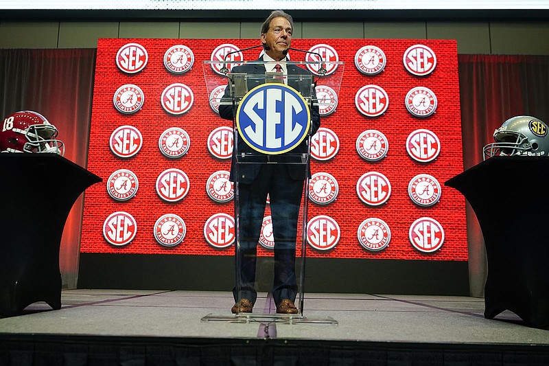 Alabama head coach Nick Saban speaks during NCAA college football Southeastern Conference Media Days Tuesday, July 19, 2022, in Atlanta.