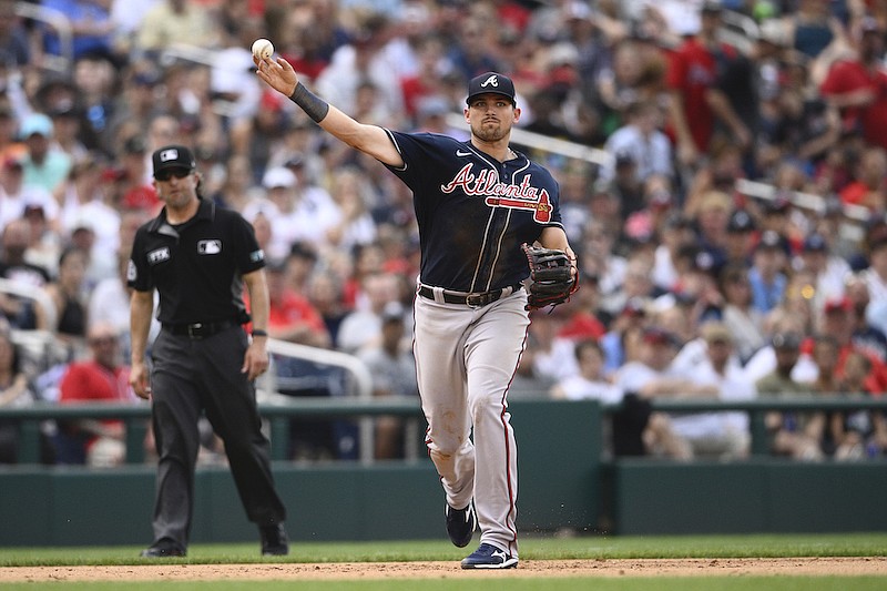 Atlanta Braves third baseman Austin Riley (27) in action during a baseball game against the Washington Nationals, Saturday, July 16, 2022, in Washington. (AP Photo/Nick Wass)