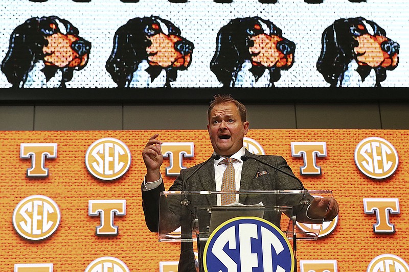 Curtis Compton/Atlanta Journal-Constitution via AP / Tennessee coach Josh Heupel spoke Thursday as the annual SEC media days drew to a close in Atlanta's College Football Hall of Fame.