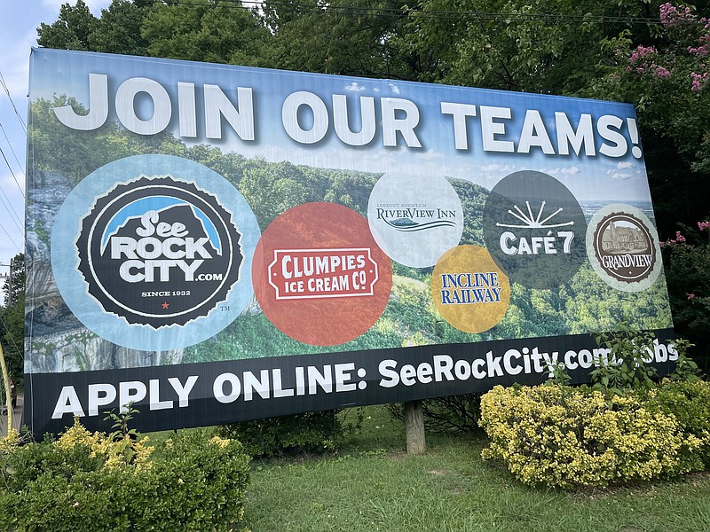 Staff Photo by Dave Flessner / Rock City, which has promoted its Lookout Mountain attraction to visitors across the country with billboards since it opened in 1932, is using some of its billboards this summer to try to recruit more workers to staff its operations with unemployment at near record lows. This one was seen on Thursday.