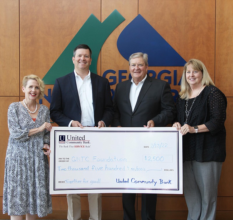 From left, Lauretta Hannon, executive director of the GNTC Foundation; Jarrod S. Floyd, UCB senior vice president/commercial relationship manager; Scott Tucker, UCB Northwest Georgia region president; and Dr. Heidi Popham, president of GNTC, announce the UCB Foundation's donation to GNTC.