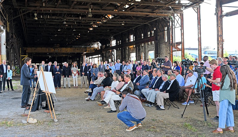 Staff file photo by Robin Rudd / Hamilton County and Chattanooga officials announced plans to develop the former Wheland Foundry site on South Broad Street, with a new baseball stadium being the anchor. Chattanooga Mayor Tim Kelly speaks during the June 30, 2022, event at the Wheland Foundry site on .