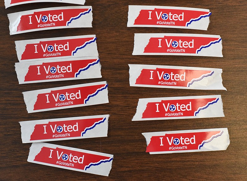 Staff Photo by Matt Hamilton / "I Voted" stickers are set out for voters at the Joe Glasscock Red Bank Community Center in Red Bank on Tuesday, May 3, 2022.