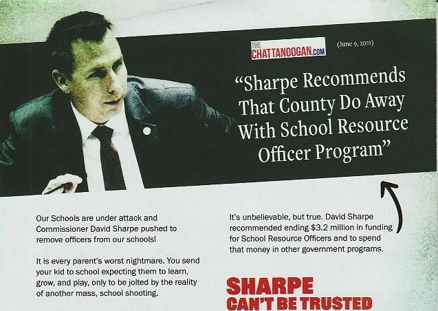 THUMBNAIL ONLY: A mailer paid for by the Tennessee Republican Party makes false claims about Democratic incumbent David Sharpe, who is seeking re-election to the Hamilton County Commission. / Contributed photo