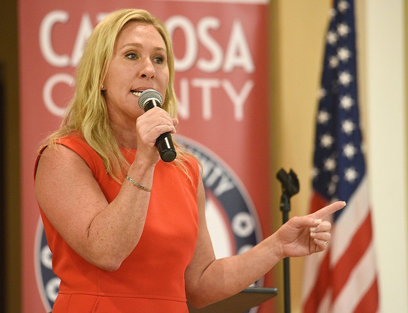 Staff Photo by Matt Hamilton / Rep. Marjorie Taylor Greene speaks at Patriot Hall in Ringgold, Ga. on Monday, May 2, 2022. 