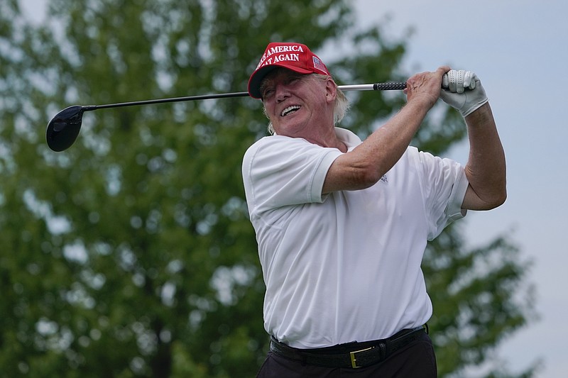 AP photo by Seth Wenig / Former U.S. President Donald Trump plays during the pro-am round of the Bedminster Invitational LIV Golf tournament Thursday in Bedminster, NJ.