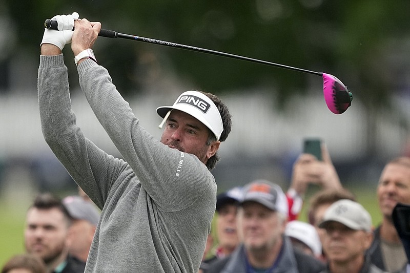Bubba Watson watches his tee shot on the second hole during the third round of the PGA Championship golf tournament at Southern Hills Country Club, Saturday, May 21, 2022, in Tulsa, Okla. (AP Photo/Matt York)