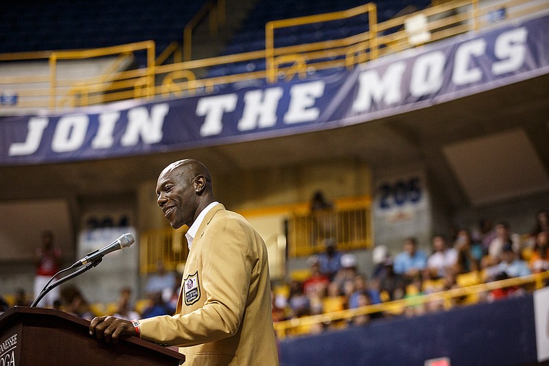 Staff photo / Former UTC and NFL receiver Terrell Owens speaks during his Pro Football Hall of Fame induction event on Aug. 4, 2018, at McKenzie Arena. He elected to celebrate his induction at his alma mater instead of attending the ceremony in Canton, Ohio.