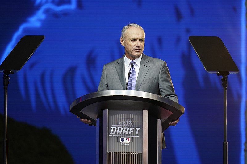 AP photo by Jae C. Hong / Rob Manfred, the commissioner of baseball, speaks during the MLB first-year player draft on July 17.