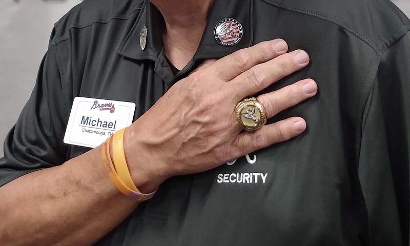 Photo contributed by Michael Smith / Chattanooga native Michael Smith, a part-time security guard for the Atlanta Braves on game days, shows the 2021 World Series ring he received from the MLB club.