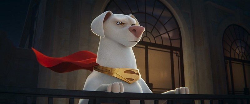 This image released by Warner Bros Pictures shows Krypto, voiced by Dwayne Johnson, in a scene from "DC League of Super Pets." (Warner Bros. Pictures via AP)


