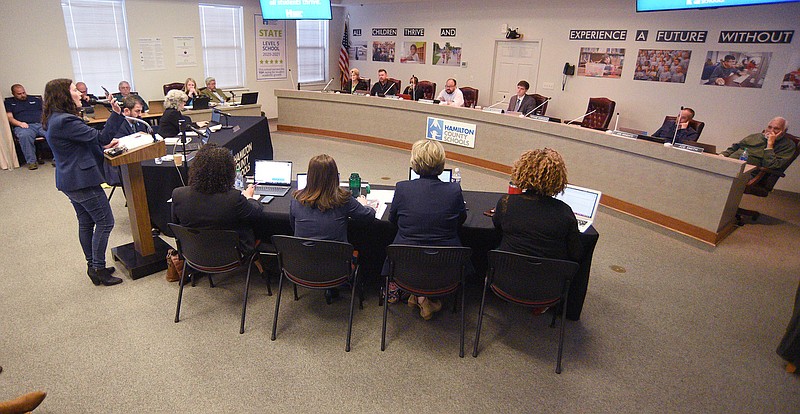Staff Photo by Matt Hamilton / Taylor Lyons addresses the Hamilton County School Board during a meeting on Thursday, March 17, 2022. 