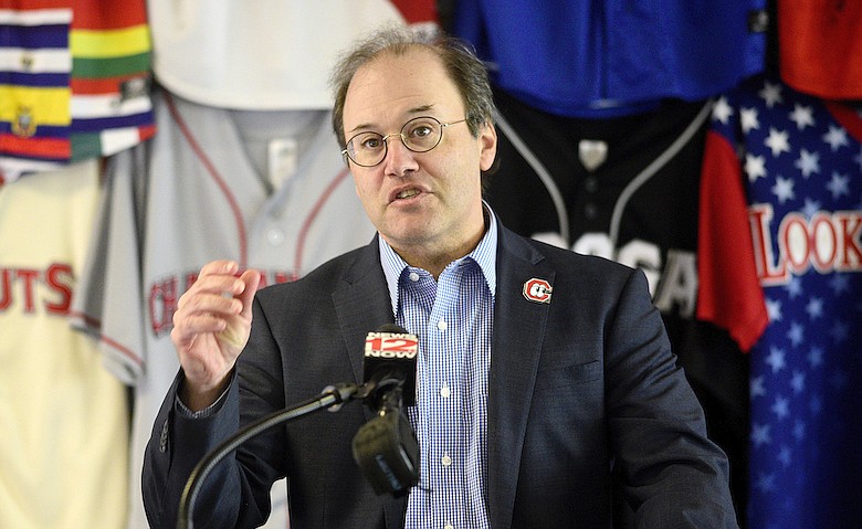 Staff File Photo by Robin Rudd / Jason Freier, managing owner of the Lookouts, addresses a news conference.