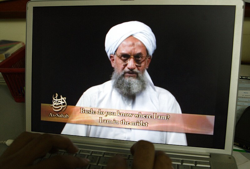 As seen on a computer screen from a DVD prepared by Al-Sahab production, al-Qaida's Ayman al-Zawahri speaks in Islamabad, Pakistan, on June 20, 2006. Al-Zawahri, the top al-Qaida leader, was killed by the U.S. over the weekend in Afghanistan. President Joe Biden is scheduled to speak about the operation on Monday night, Aug. 1, 2022, from the White House in Washington. (AP Photo/B.K.Bangash, File)