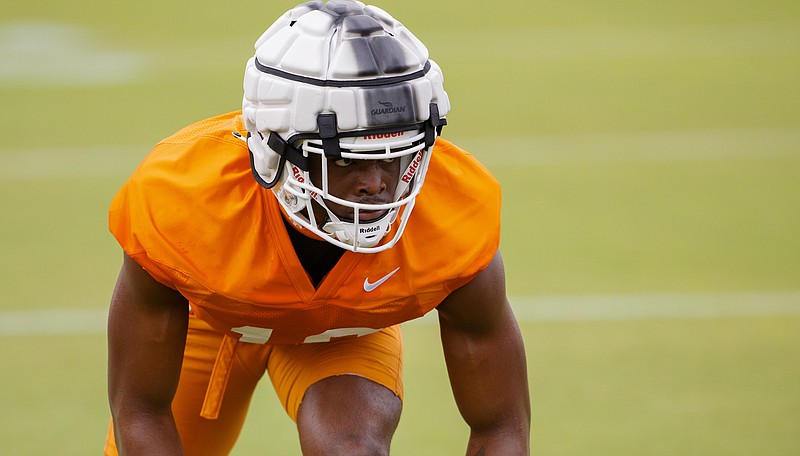 Tennessee Athletics photo by Emma Corona / Tennessee freshman edge rusher Joshua Josephs gets ready for a drill during preseason practice this week in Knoxville.