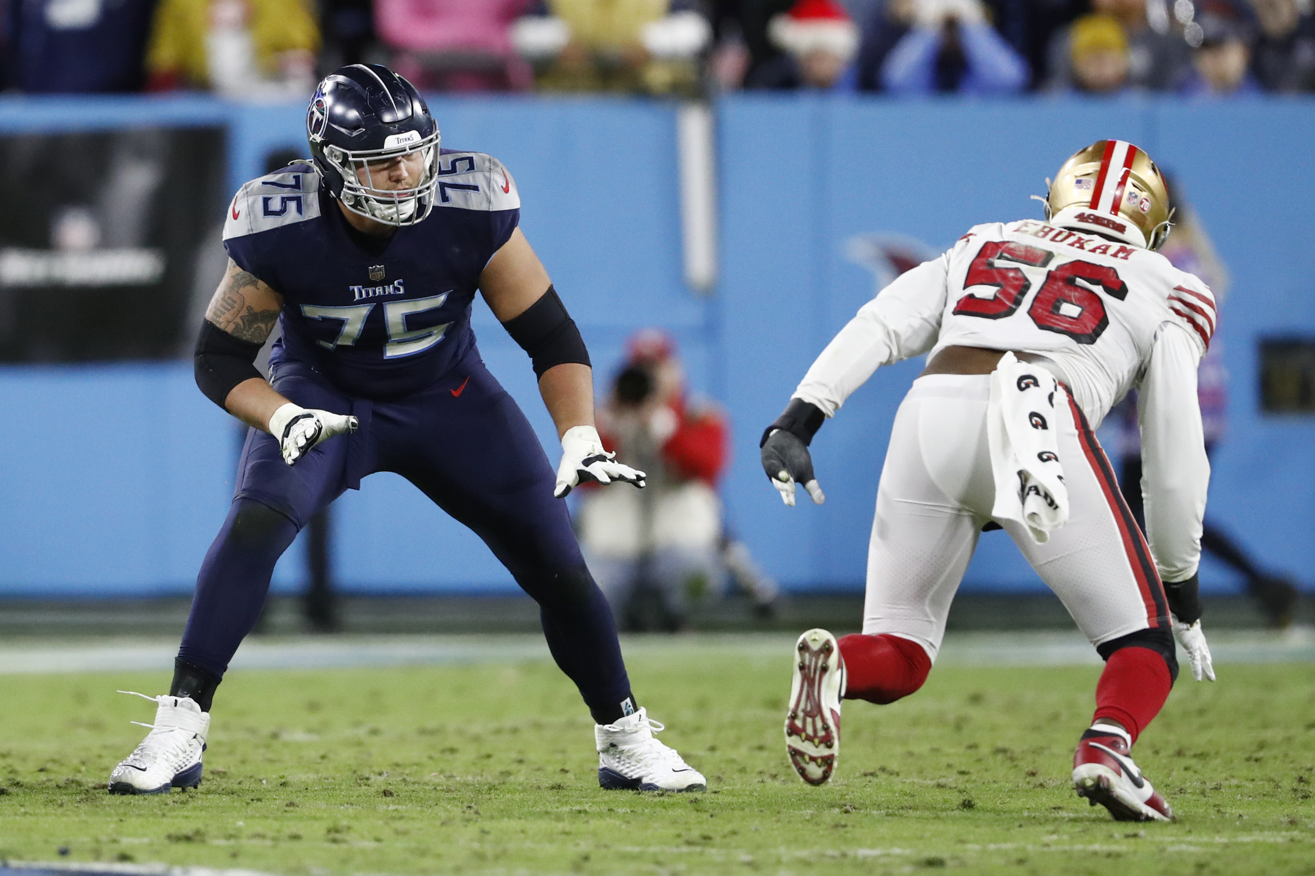 Tennessee Titans offensive tackle Dillon Radunz (75) lines up during the  first half of a preseason NFL football game against the Atlanta Falcons,  Friday, Aug. 13, 2021, in Atlanta. The Tennessee Titans