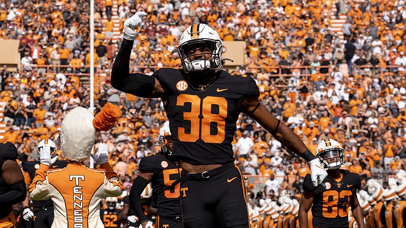 Tennessee Athletics photo by Andrew Ferguson / Tennessee linebacker Solon Page III runs through the "T" before last season's 45-20 victory over South Carolina.