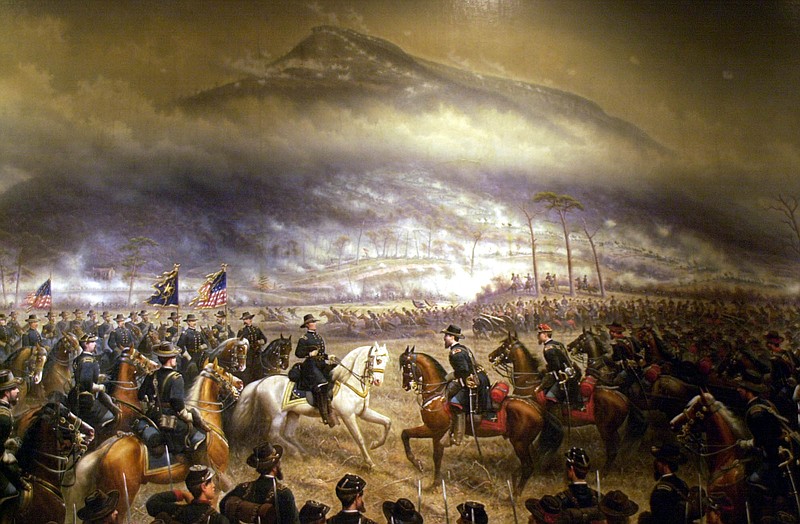 National Park Service Photo / The Battle of Lookout Mountain is the title of this 13-by-30-foot painting by English artist James Walker, currently the centerpiece of the National Park Service's small museum and visitor center at Chattanooga's Point Park atop Lookout Mountain. The painting depicts the Nov. 24, 1863, battle that began with Union Troops crossing Lookout Creek in the vicinity of today's Reflection Riding Arboretum & Nature Center.